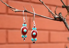 Floral Inlaid Turquoise and Coral Dangle Silver Earrings