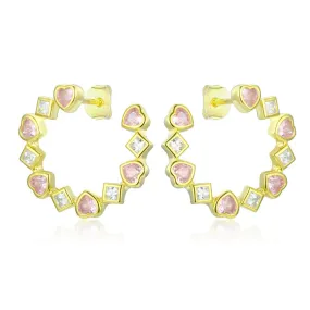 Heart Shape Pink Zircon Square White Zircon Open Circle Sterling Silver Stud Earrings