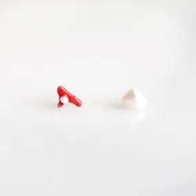 Natural Red Coral and Pearl Asymmetrical Studs