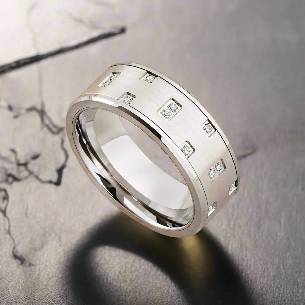 SCINTILLA | Silver Tungsten Ring, Pipe Cut Ring, White CZ Ring
