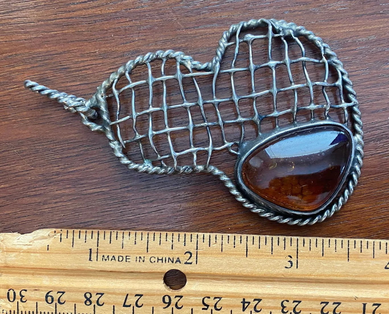 Sterling Silver 925 Large Wire Amber Cabochon Artist Necklace Pendant