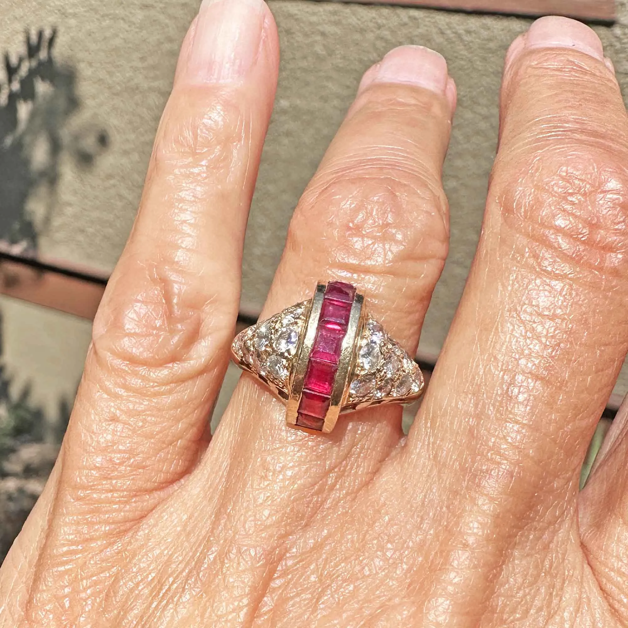 Vintage Gold Roll Top Dome Ruby 1 CTW Diamond Ring