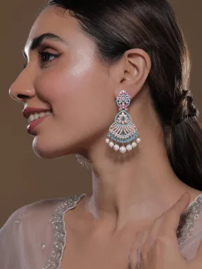 Voguish Rhodium-Plated Turquoise Blue & Pink AD & Cubic Zirconia Studded Pearl Drop Chandbali Earrings
